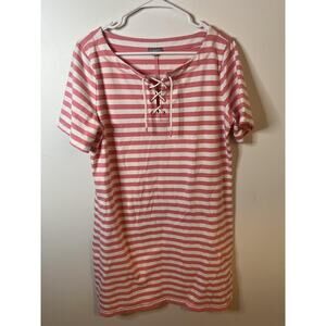 T by Talbots Shirt Women's Large Pink White‎ Stripe Lace Up Short Sleeve Stretch